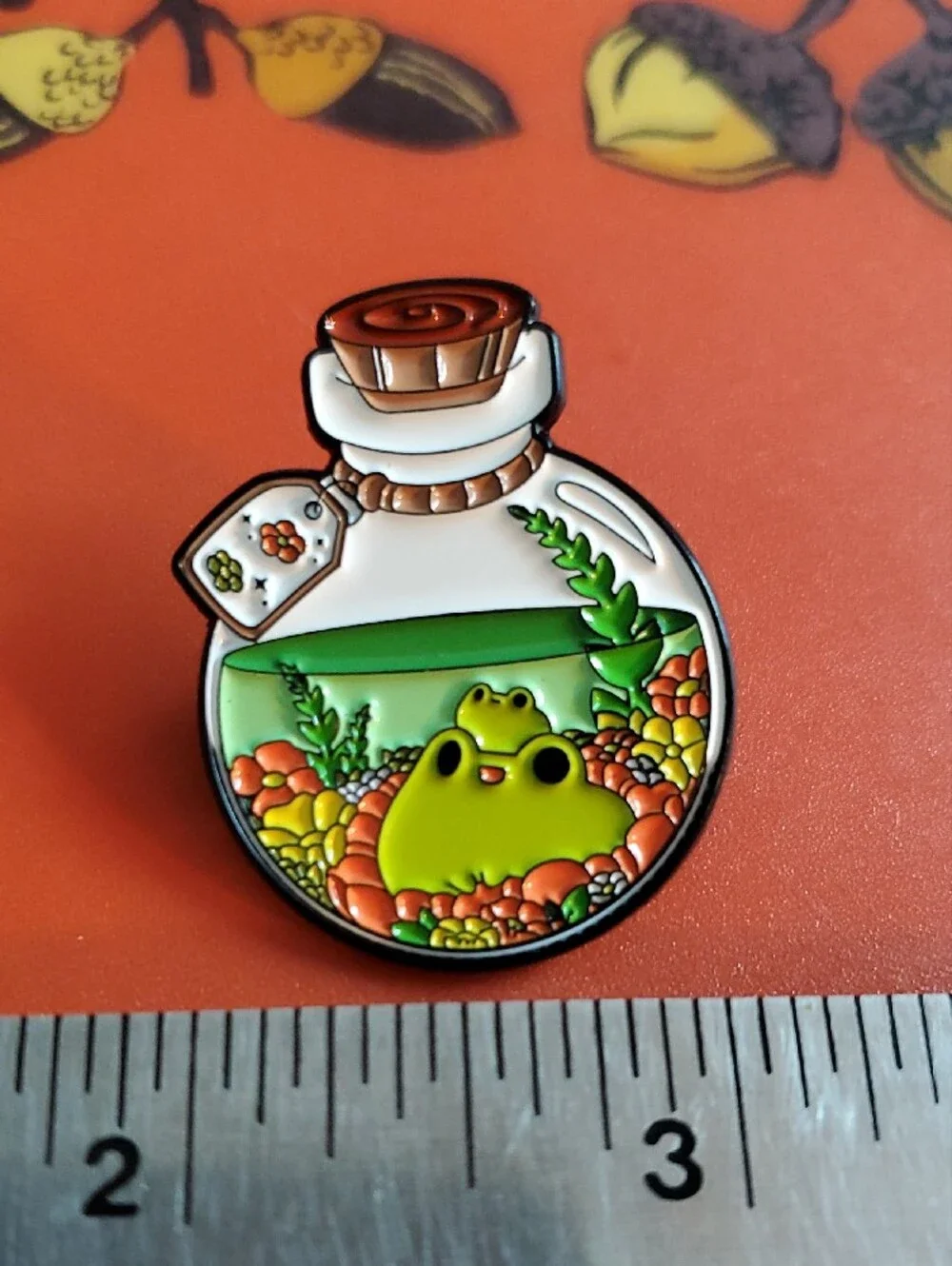 Kawaii Frog Terrarium Enamel Pin - Green, Orange